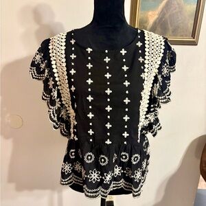 Anthropologie Black and White Embroidered Blouse